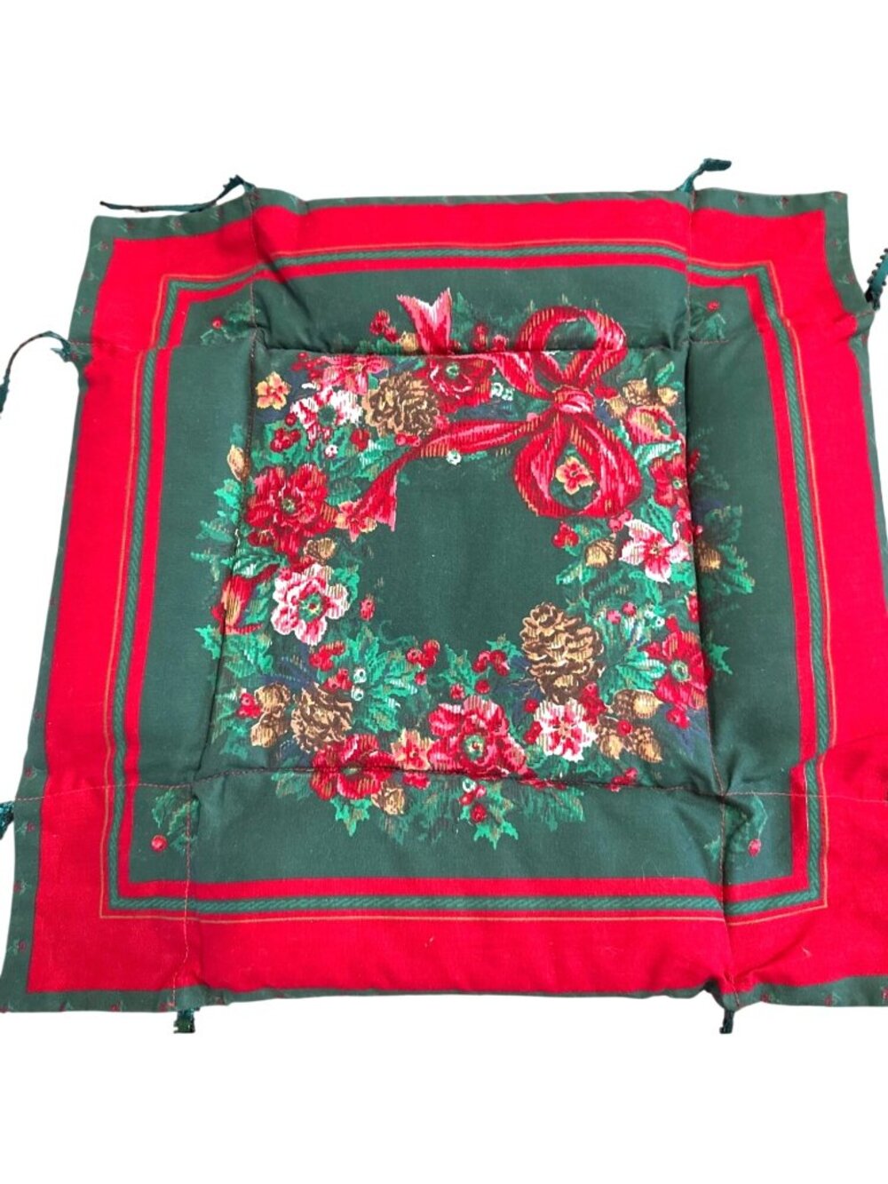 Handmade Vintage Christmas Holiday Chair Seat Cover & Ties 15" x 15" Green & Red